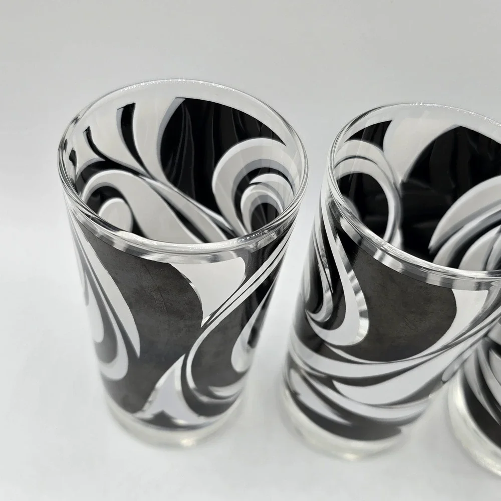 Libbey Partytime Mid-Century Black and White Atomic Swirl Glasses Vhtf Mod‎